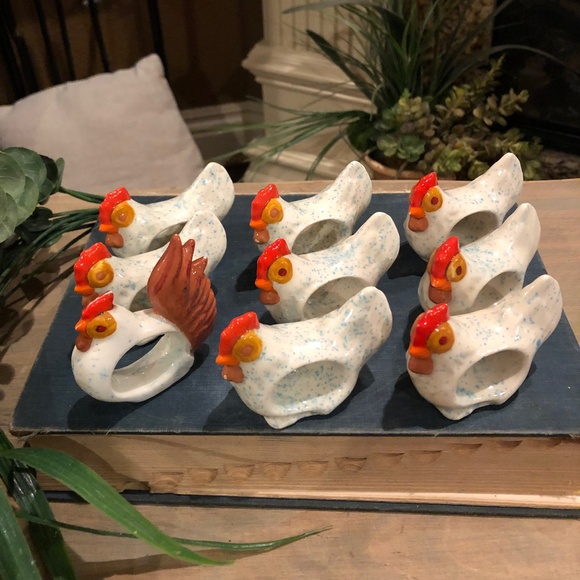 9 Vintage Chicken Napkin Rings w/ Blue Speckles - Picture 2 of 3
